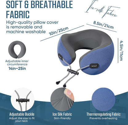 SKYTRAX COMF® Premium Ergonomic Memory Foam Travel Neck Pillow, Washable Cooling Ice Silk Cover, Firm Neck Support for Airplane Long Flights & Pain Relief, with Portable Carry Case (Grey)