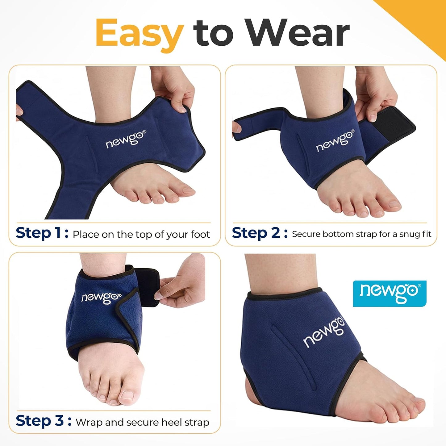 NEWGO Ankle Ice Pack Wrap for Swelling & Pain Relief, Reusable Hot Cold Gel Packs, Adjustable Brace for Plantar Fasciitis, Achilles Tendonitis, Heel Spur, Sprained Injuries - Up to 75kg Men Women