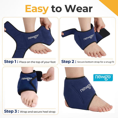 NEWGO Ankle Ice Pack Wrap for Swelling & Pain Relief, Reusable Hot Cold Gel Packs, Adjustable Brace for Plantar Fasciitis, Achilles Tendonitis, Heel Spur, Sprained Injuries - Up to 75kg Men Women