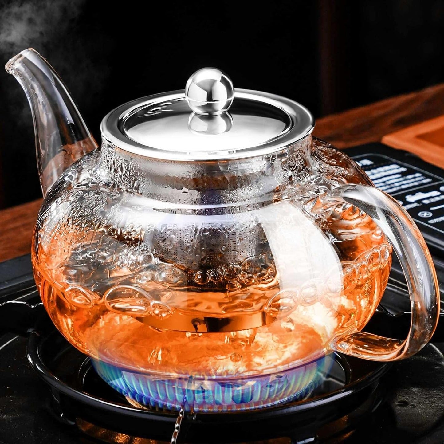 PARACITY Glass Teapot Stovetop 40 OZ/1200ml, Borosilicate Clear Tea Kettle with Removable 18/8 Stainless Steel Infuser, Teapot Blooming and Loose Leaf Tea Maker Tea Brewer for Camping, Travel