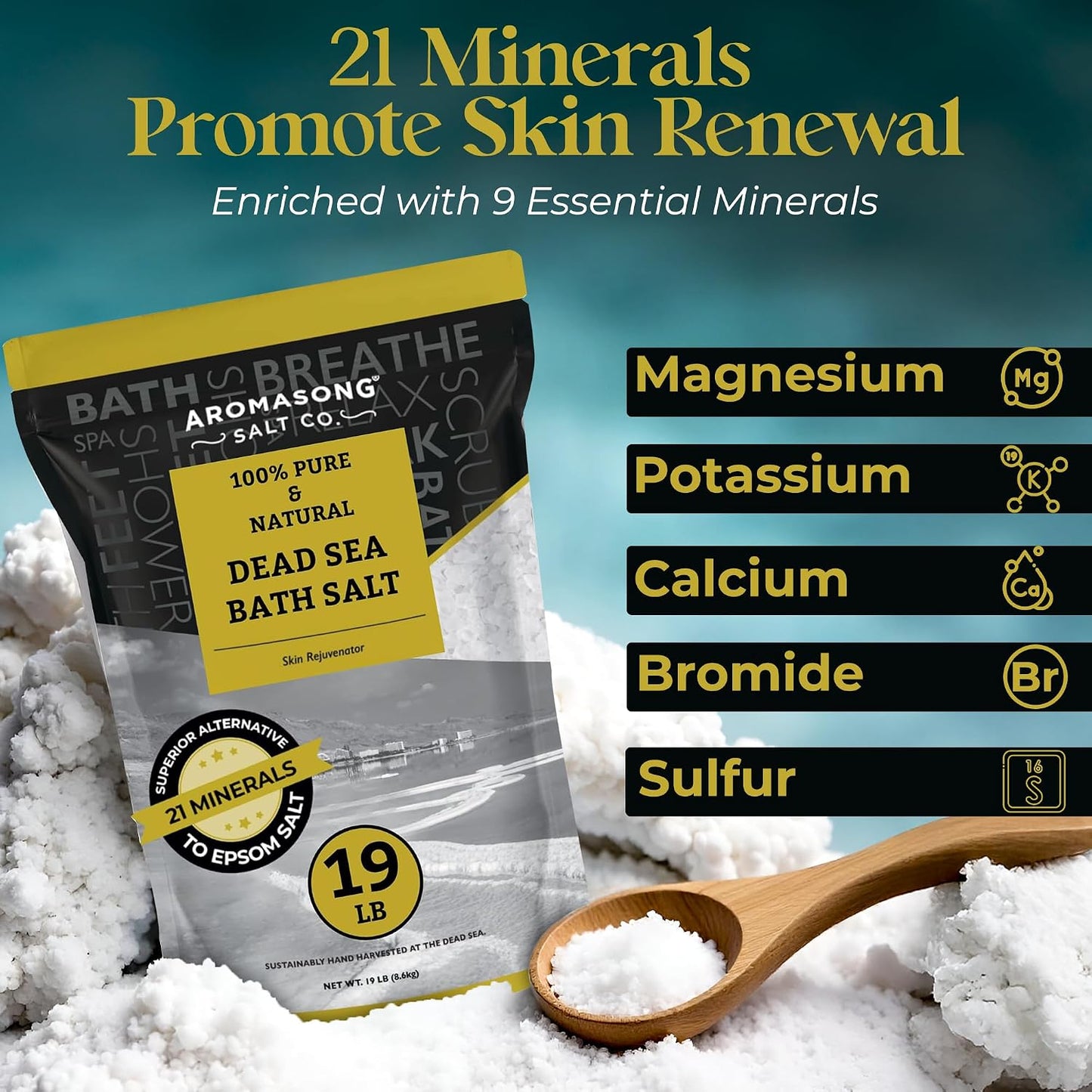 Aromasong Dead Sea Salt - Spa Bath Salt - 19 Lbs Fine Grain Bulk - 100% Pure - Better Absorbing Than Epsom Salt - Soak for Women & Men for Skin Issues and to Relax Tired Muscles - Resealable Pack.