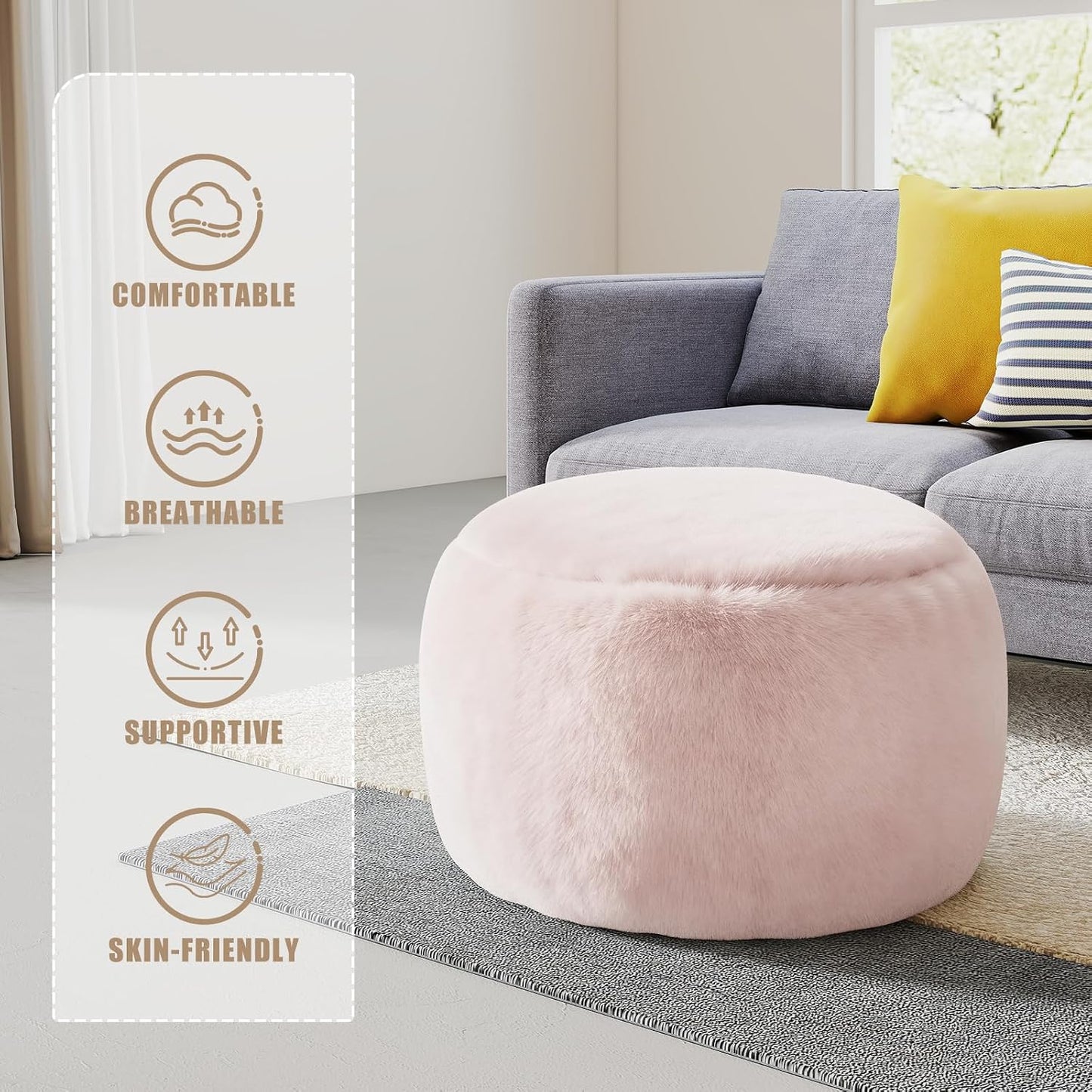 Round Stuffed Pouf Ottoman Foot Rest, Faux Fur Poufs with Memory Foam Filling, Ottomans for Living Room, Nursery, Dorm, Soft Foot Stool Ottoman for Couch, Perfect for Resting Your Feet (Grey, 20 Inch)