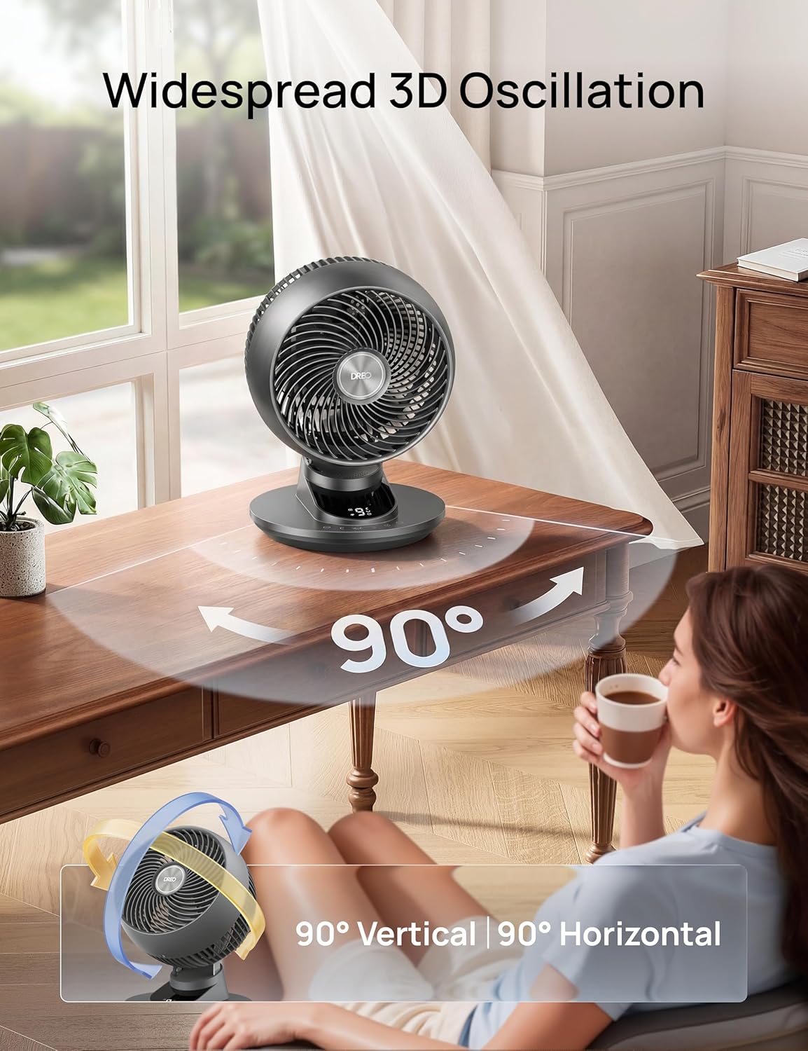 DREO Smart Fan for Bedroom, Powerful 85 ft Airflow, 12 Inches, Desk Fans in 20dB Quiet, 90°+90° oscillating fans, App/Voice Control, 9 Speeds & 8/12H Timer for Home Office Dorm