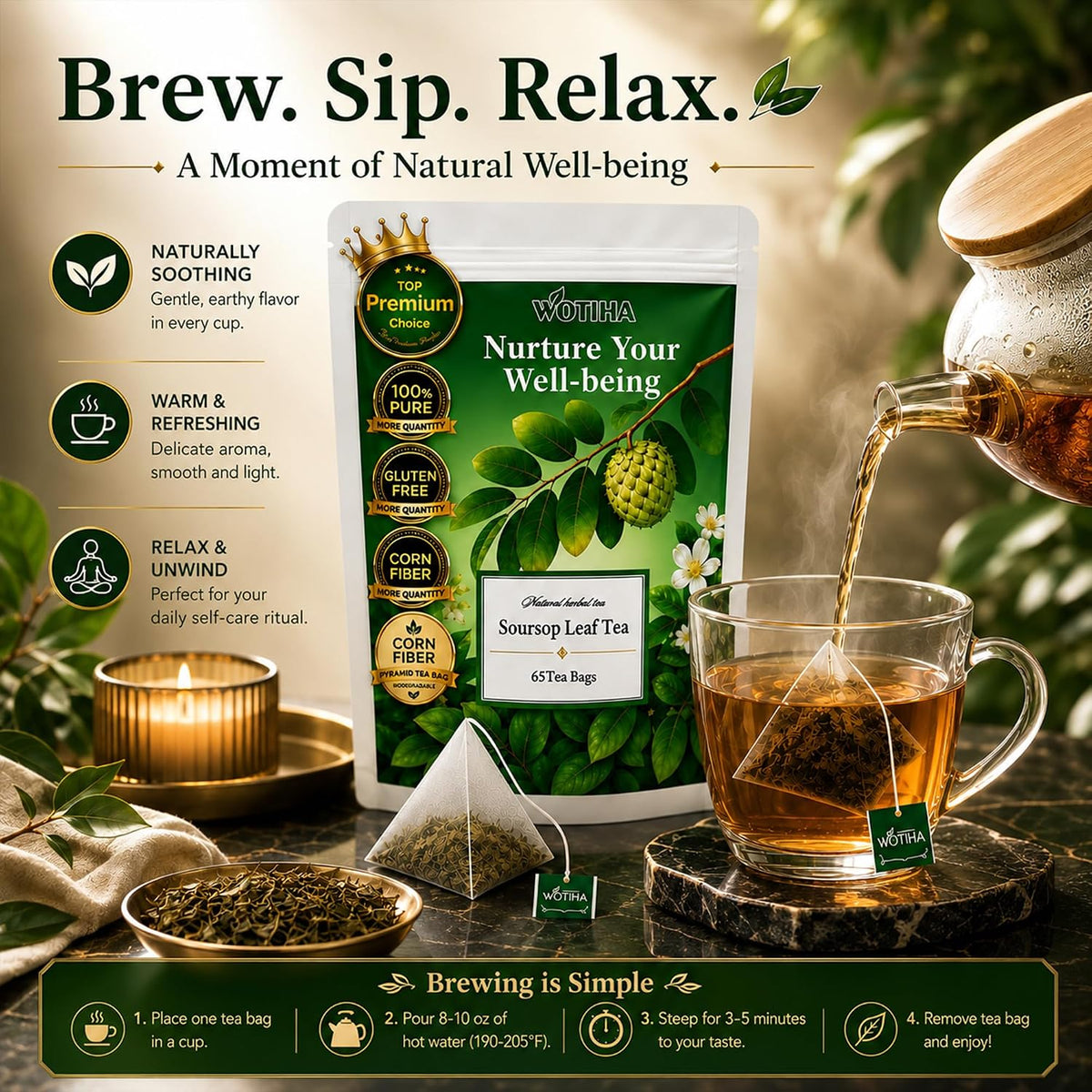 WOTIHA Premium Soursop Tea Bags (65 Count) - 100% Natural Graviola Leaves Made With Corn Fiber Tea Bag Food-Grade Biodegradable Herbal Tea - Sugar/Caffeine/Gluten Free Hoja Guanabana