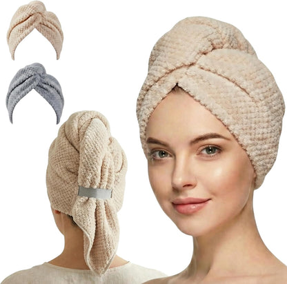 3 Pack Microfiber Hair Towel Wrap for Women 26 x 10 in | Hair Drying Towel with Button |Hair Turban Towel Quick Dry Coral Fleece Head Towels (Pink + Blue + Grey)
