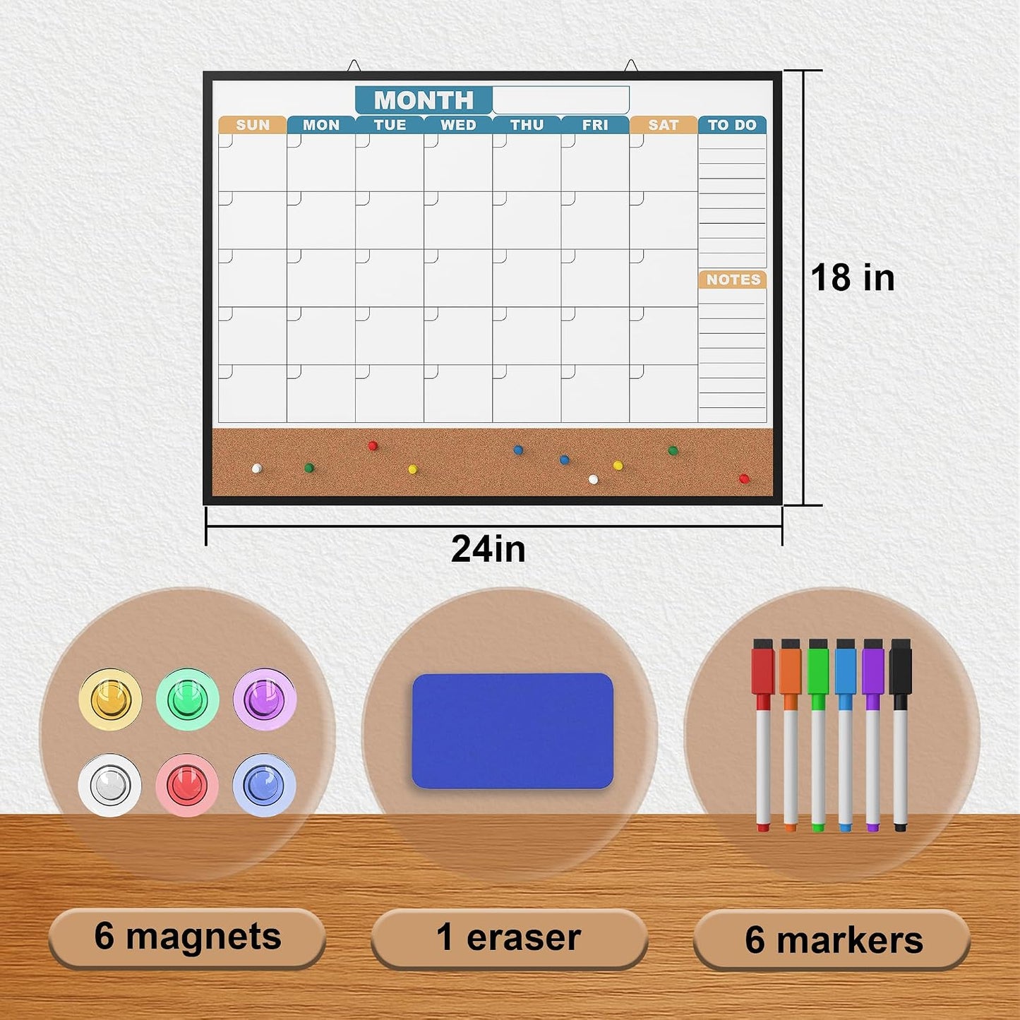 Monthly Calendar Dry Erase Board 16x12 Inch, Double-Sided Whiteboard and Corkboard Combo, Wall Mounted Planner Organizer with Markers, Magnets, Push Pins, Eraser, for Home Office School
