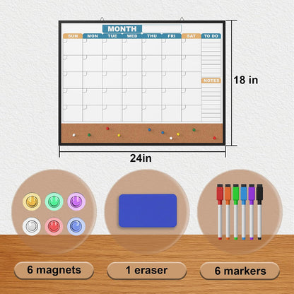 Monthly Calendar Dry Erase Board 16x12 Inch, Double-Sided Whiteboard and Corkboard Combo, Wall Mounted Planner Organizer with Markers, Magnets, Push Pins, Eraser, for Home Office School