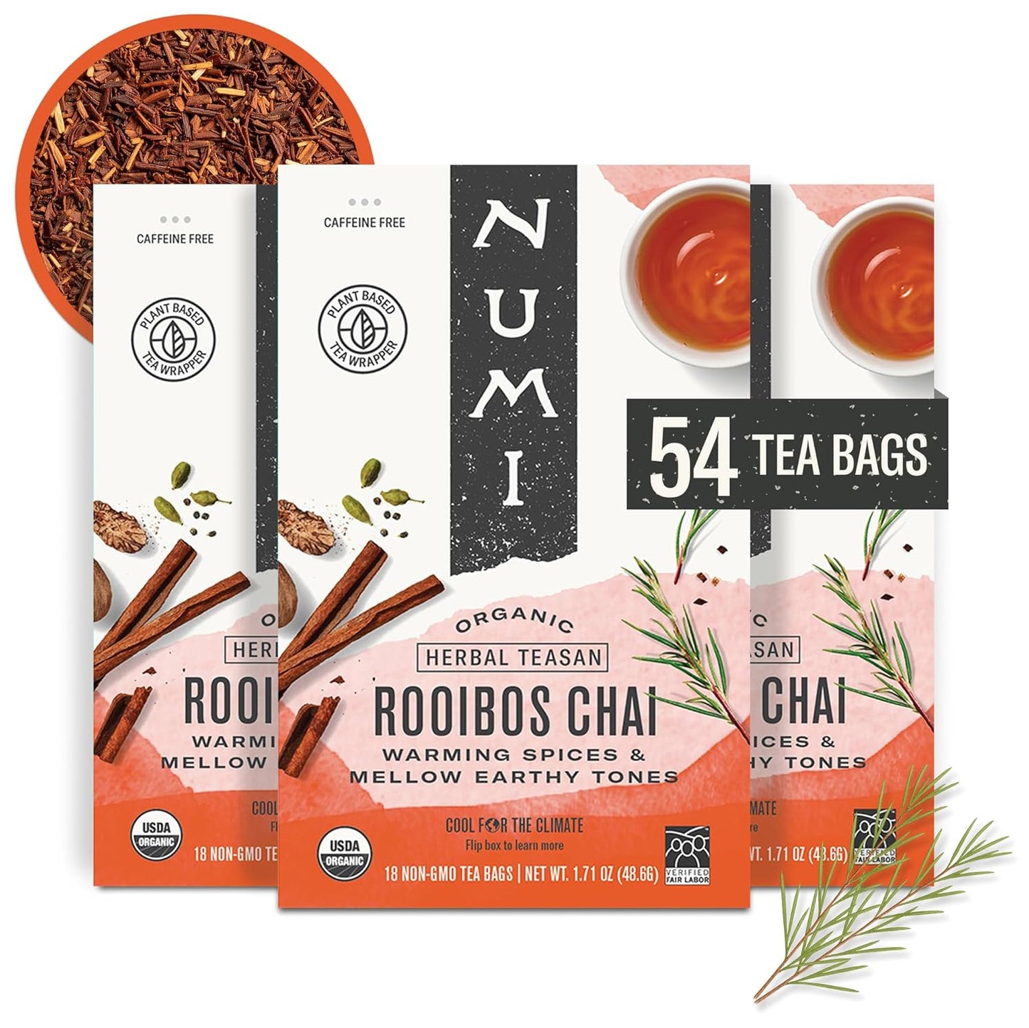 Numi Organic Rooibos Chai Tea, 18 Herbal Bags, Microplastic Free, Rich Flavor with Cinnamon, Allspice & Ginger, Caffeine Free