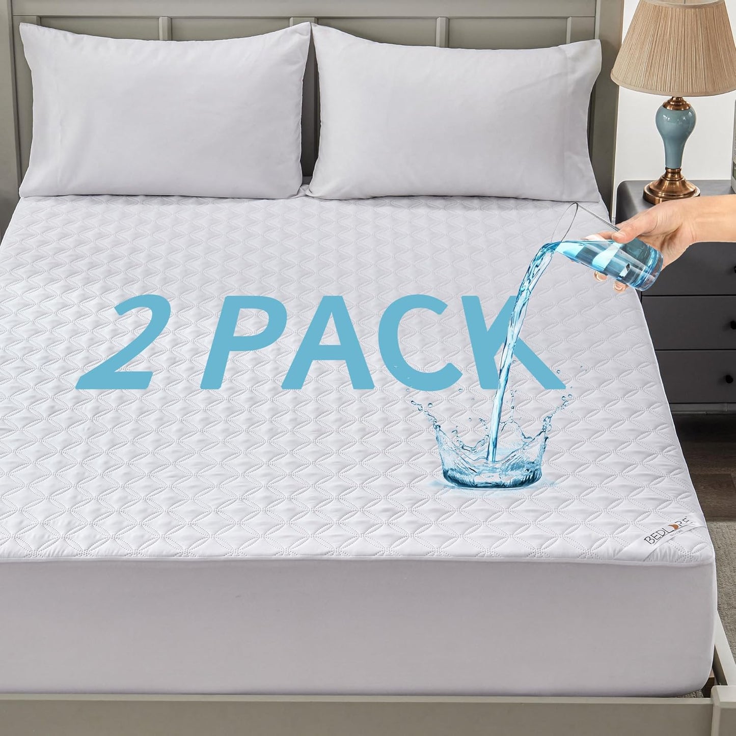 2 Pack Waterproof Mattress Protector, Queen Size Mattress Pad Noiseless with Deep Pocket Fitted for 6"-18", Soft Breathable Dirt-Proof Bed Mattress Cover Washable for Home, Bedroom, Hotel (Gray)