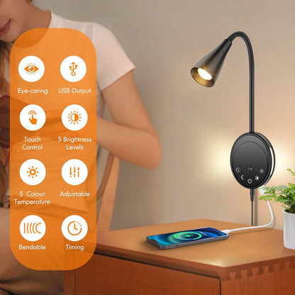 SANKEDOU LED Wall Mounted Reading Light, Book Light for Reading in Bed with Touch Control, 5 Dimmable, USB Output, Night Light & Timers Function, Flexible Gooseneck Headboard Bed Lights (White)