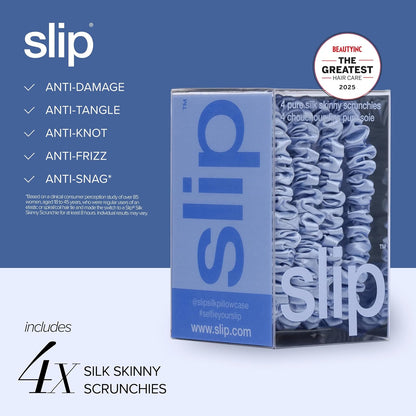 Slip Silk Hair Ties — Skinny Silk Black Scrunchies, No Damage, No Crease, Anti-Breakage |100% Mulberry Silk | All Hair Types | Made with Proprietary Slipsilk™ | Set of 4
