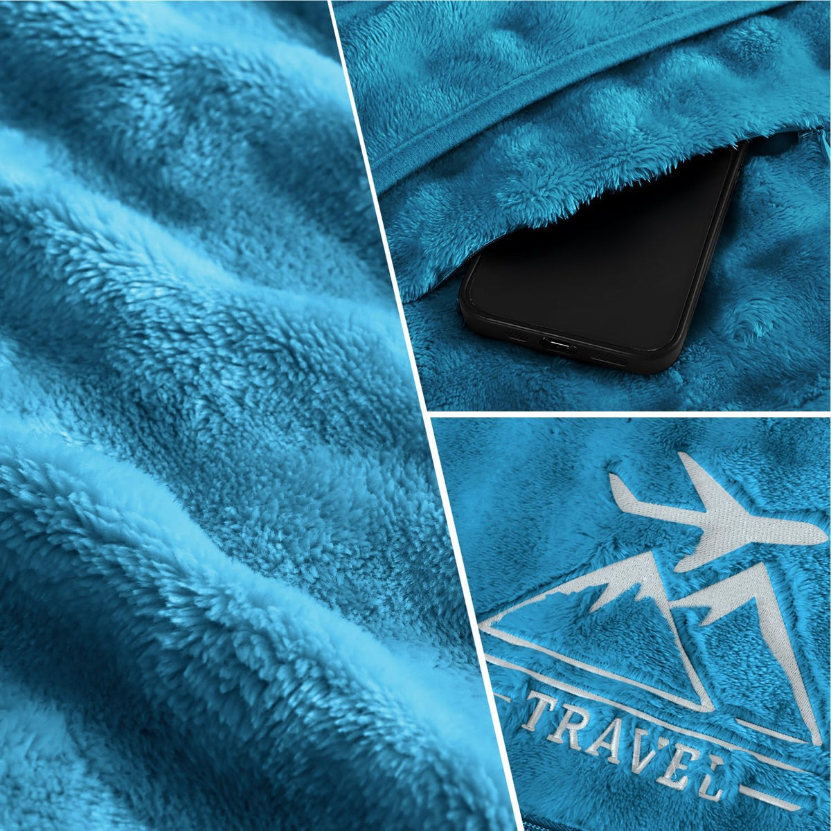 Travel Blanket and Pillow-2-in-1, Ultra-Soft&Compact, One-Piece Airplane Blanket with Hand Luggage Belt and Backpack Clip,Travelers Accessories Gifts, 61x43 Inches (Blue)