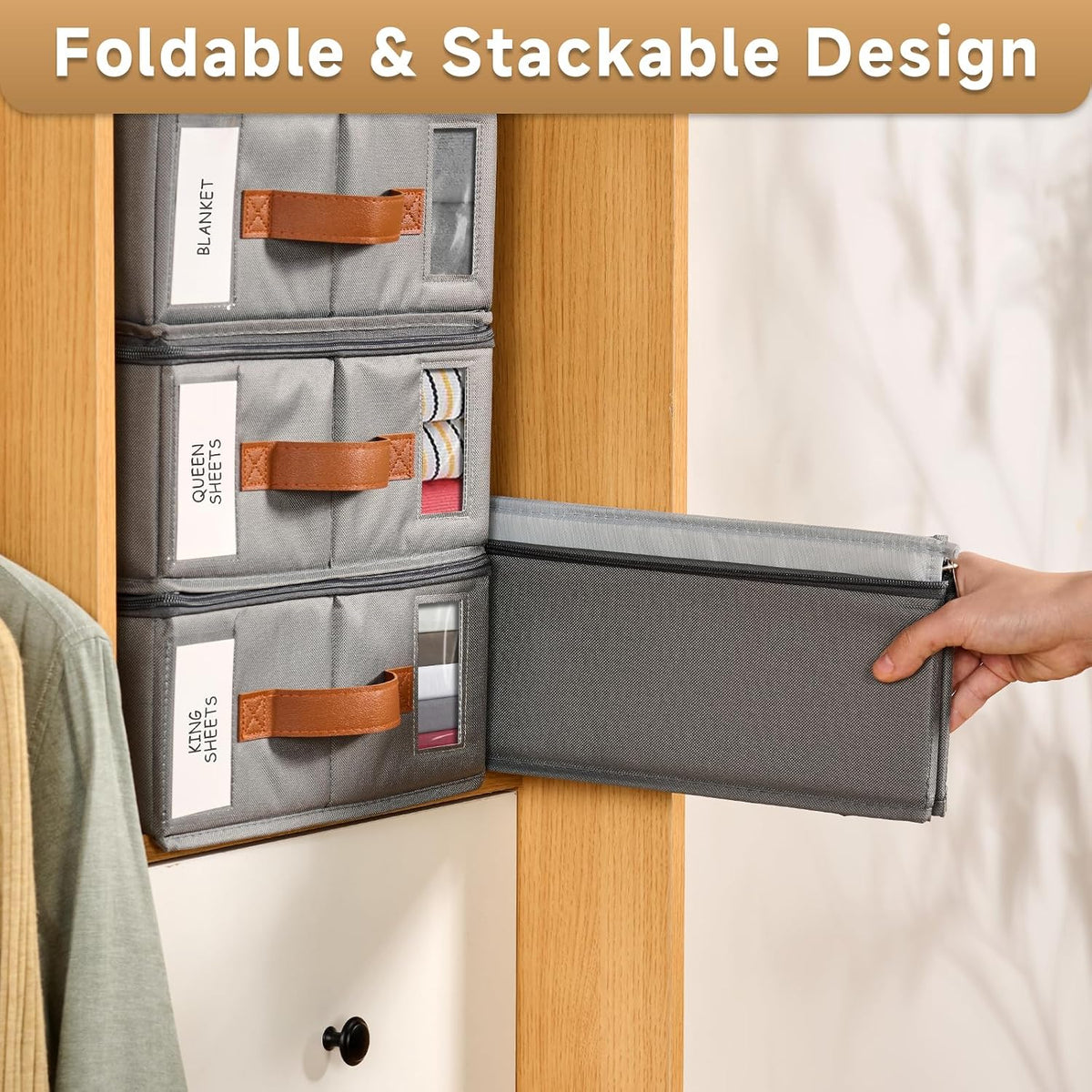 Bed Sheet Organizer - No Insects Entry Sheet Organizers and Storage with Zipper, Label, Handle, Window, Linen Closet Organizers and Storage for Sheet Set, Clothing, Duvet Covers, Blanket