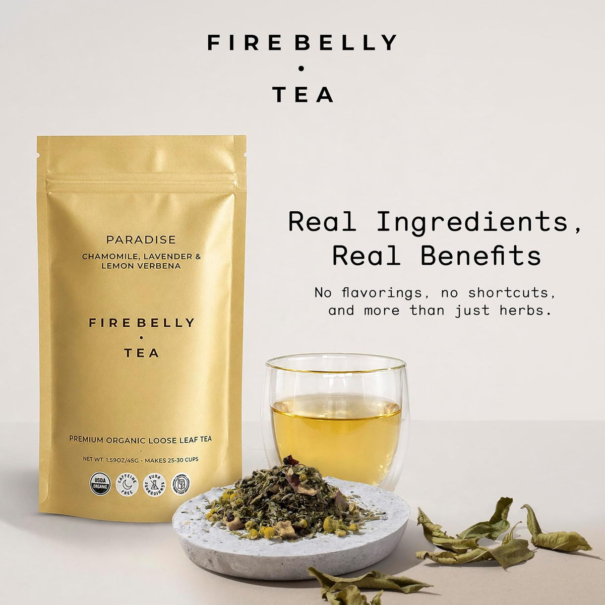 Firebelly Tea Paradise, Organic Chamomile, Lemon Verbena & Lavender Tea, Loose Leaf Herbal Blend, Caffeine Free, Relaxing Calming Tea for Evening & Sleep Support, 1.59oz