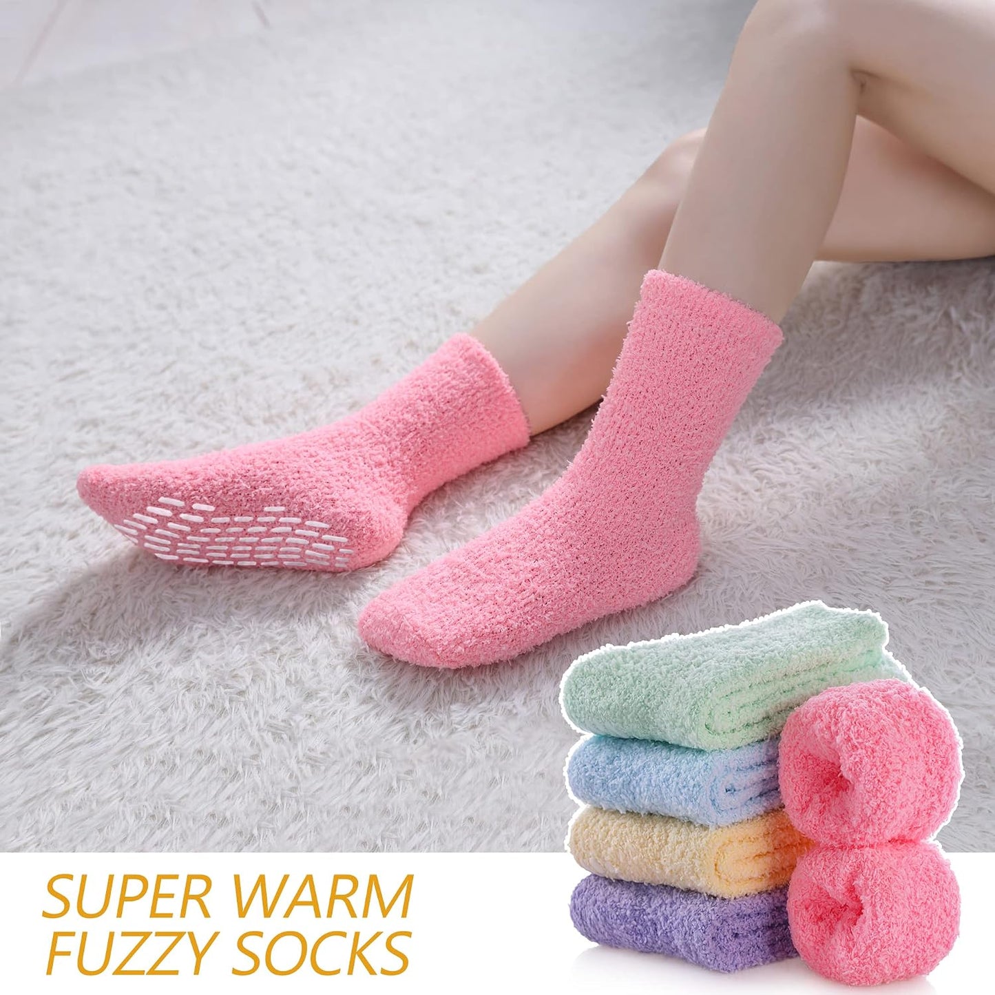 MQELONG Non Slip Hospital Socks with Grips for Women Winter Warm Cozy Fuzzy Slipper Soft Fluffy Sleep Socks
