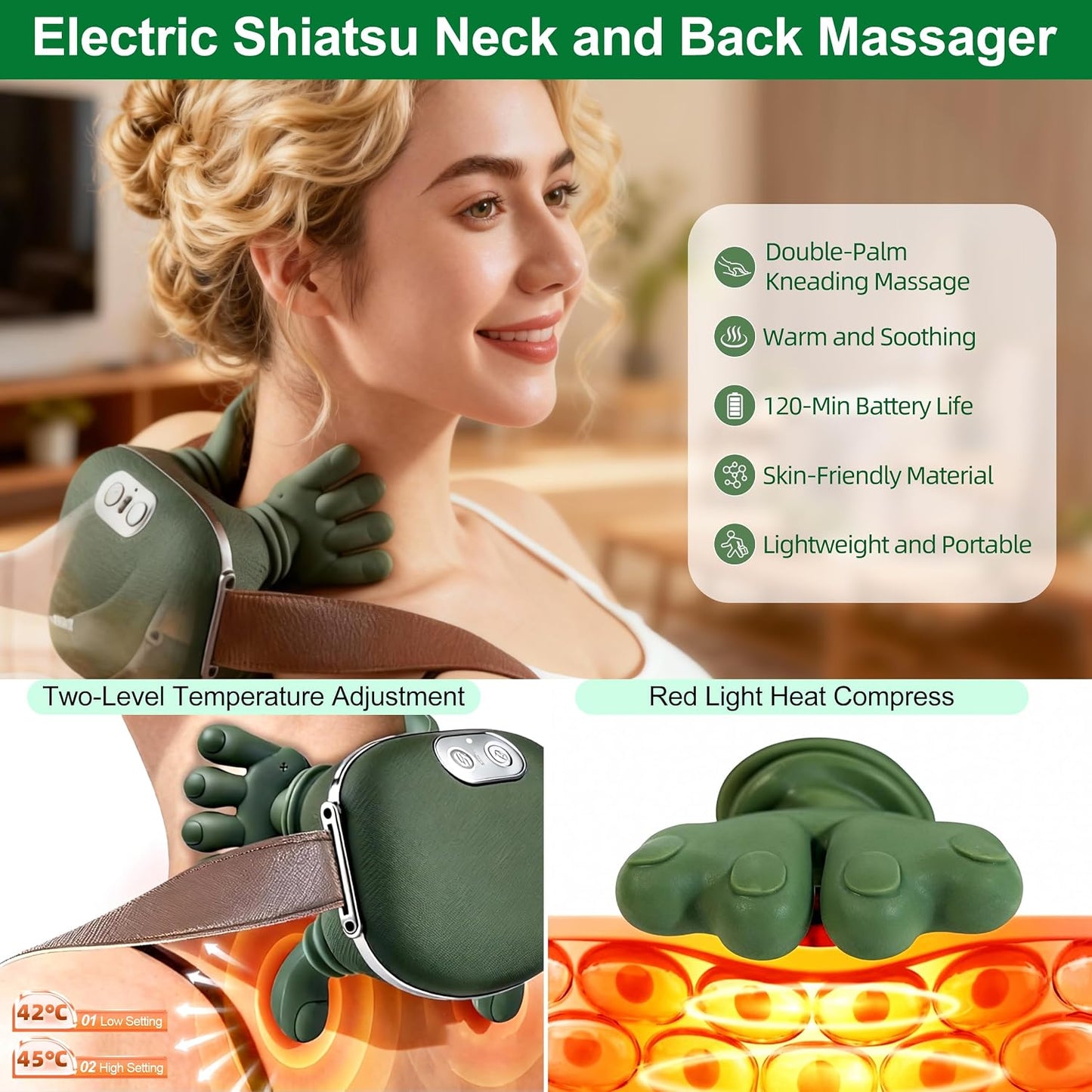OTAVILEM Neck Massager with Heat, Shiatsu Neck and Back Massager with 4D Kneading,Simulated Human Hand Design Electric Deep Tissue Massage for Pain Relief and Muscle Relax