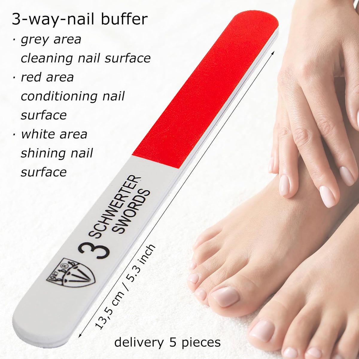 3 Swords Germany - Brand Quality Sapphire Metal Nail File Set (5 pcs.) with 3-Way Nail Buffer (1 pc.), Manicure Pedicure Finger & Toe Nail Care - Made in Solingen Germany (671)