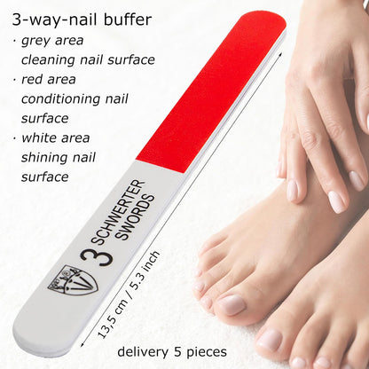 3 Swords Germany - Brand Quality Sapphire Metal Nail File Set (5 pcs.) with 3-Way Nail Buffer (1 pc.), Manicure Pedicure Finger & Toe Nail Care - Made in Solingen Germany (671)