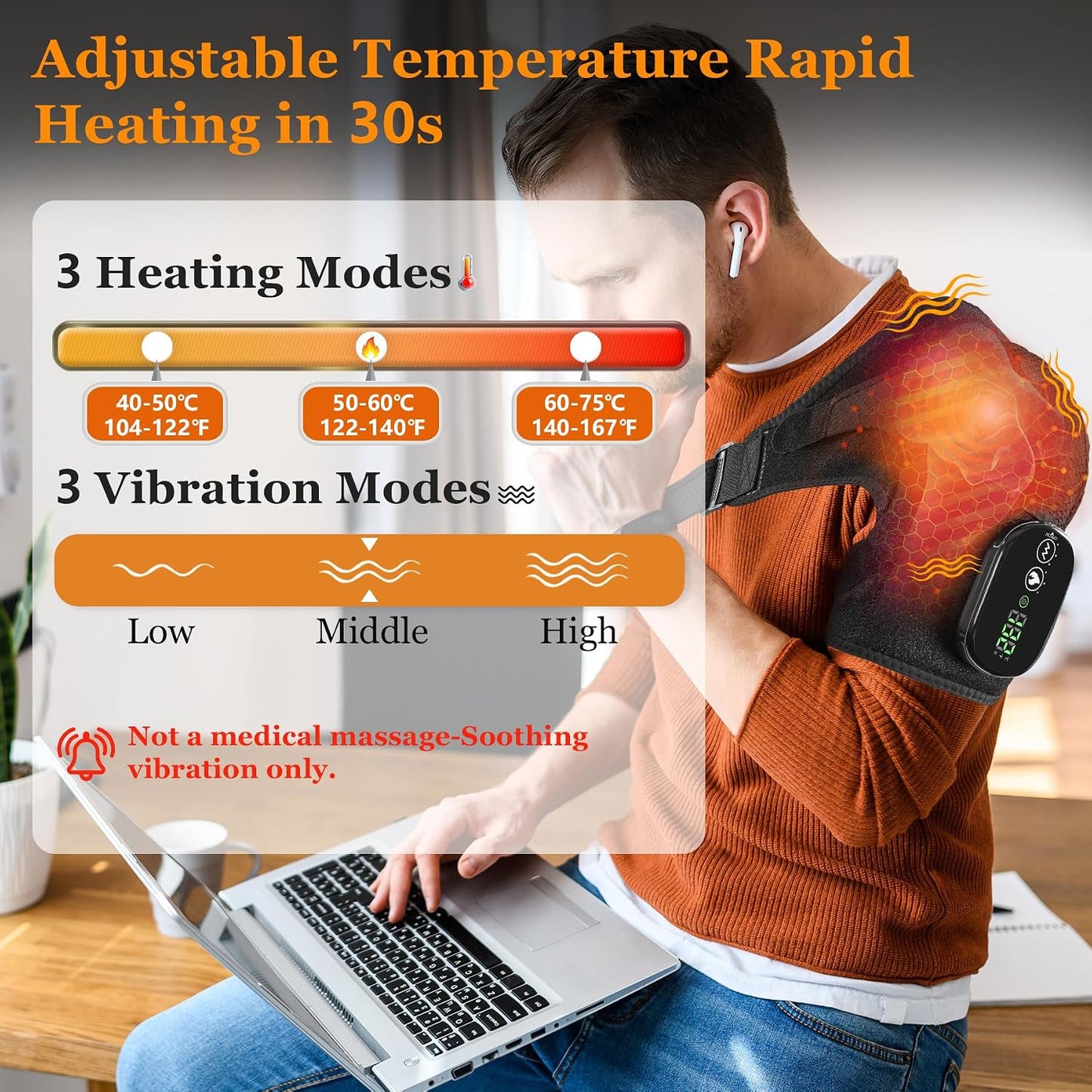 Cordless Shoulder Heating Pad & Massager, Electric Heated Shoulder Brace Wrap, Heating Pads for Rotator Cuff and Frozen Pain Relief,5000mAh Chargeable Powered, Men & Women(Black)