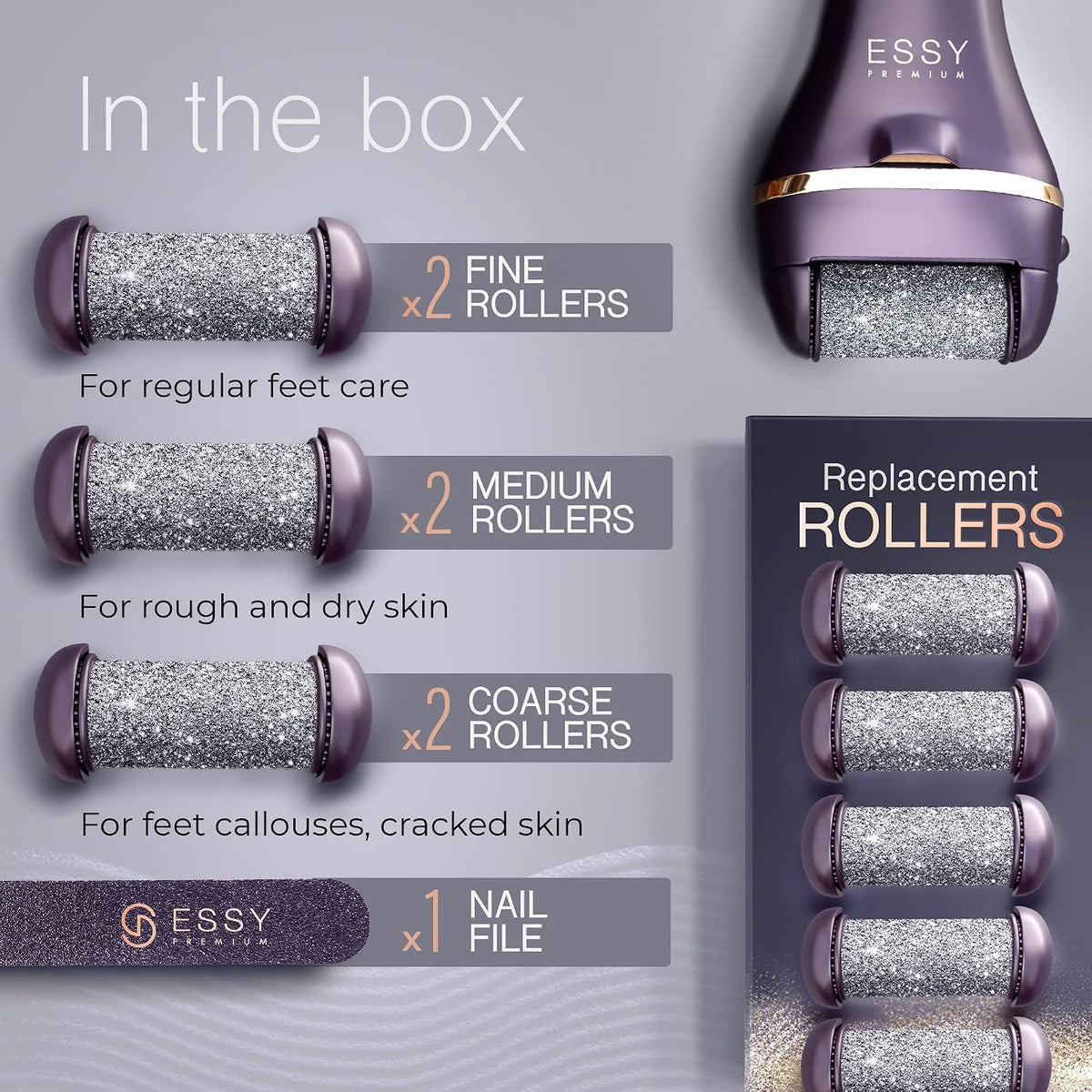 Essy Electric Foot File Hard Skin Remover with 5 Replacement Rollers Foot File Electric Pedicure Sets Cutters Accessories for Dry Dead Hard Skin Feet Callus Remover for Feet Care Exfoliator (Purple)