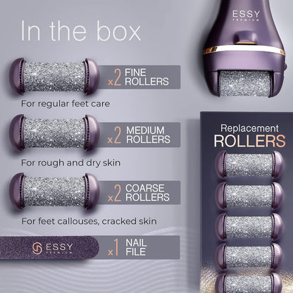 Essy Electric Foot File Hard Skin Remover with 5 Replacement Rollers Foot File Electric Pedicure Sets Cutters Accessories for Dry Dead Hard Skin Feet Callus Remover for Feet Care Exfoliator (Purple)