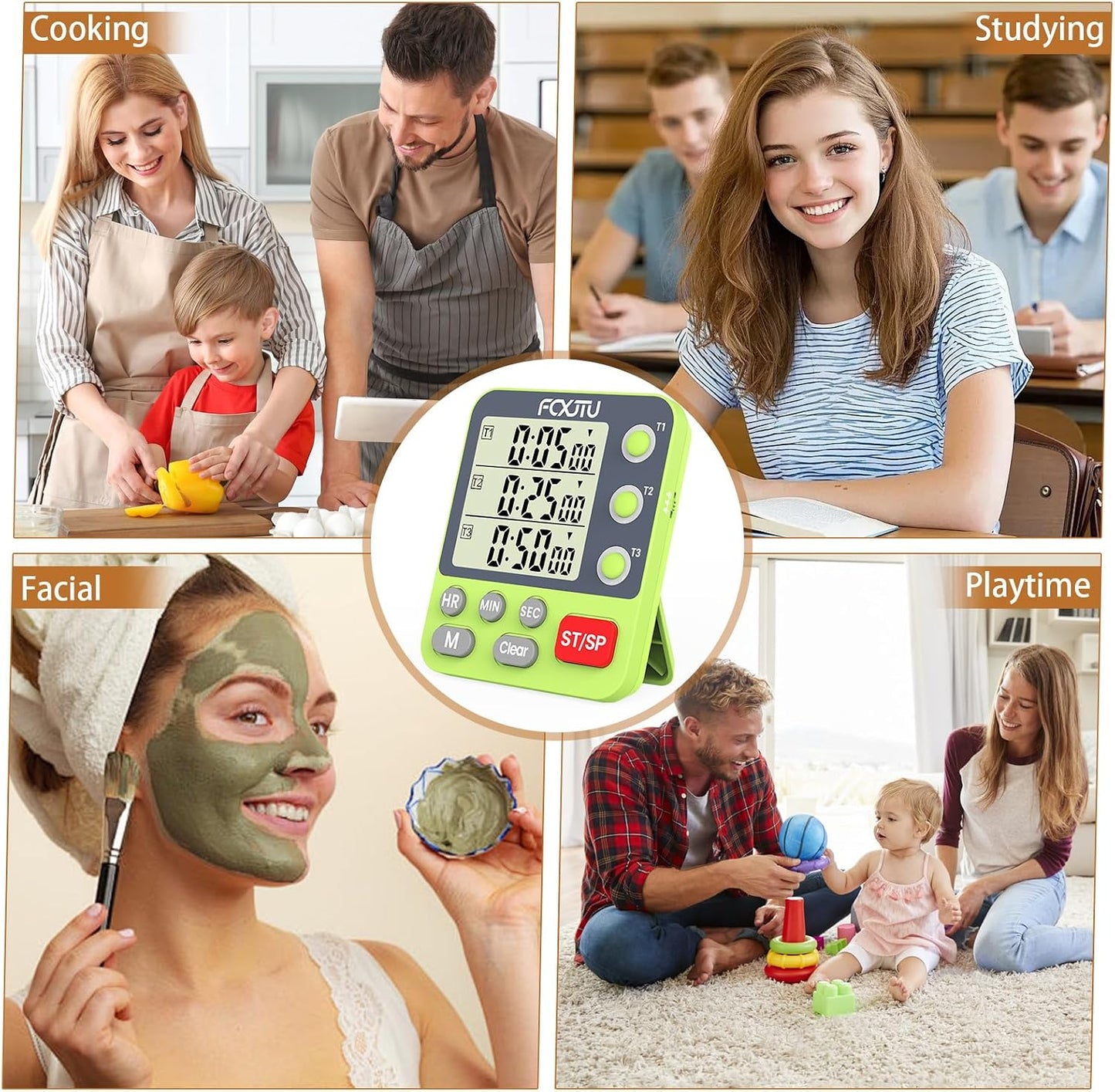 Digital Dual Kitchen Timer, 3-Channel Magnetic Countdown Stopwatch Timer for Cooking, Large Display, Loud Alarm, 100Hr Multi Food Classroom Timer for Seniors & Teachers (Battery Included)