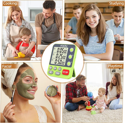 Digital Dual Kitchen Timer, 3-Channel Magnetic Countdown Stopwatch Timer for Cooking, Large Display, Loud Alarm, 100Hr Multi Food Classroom Timer for Seniors & Teachers (Battery Included)