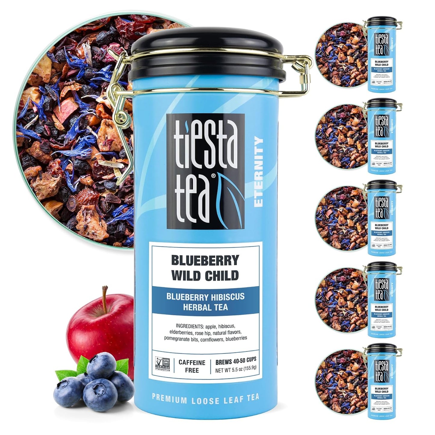 Tiesta Tea Blueberry Wild Child, Loose Leaf, Blueberry Hibiscus Herbal Tea, Premium Non-Caffeinated Blend, Make Hot or Iced, Brews Up to 50 Cups, 5.5 Ounce Refillable Tin