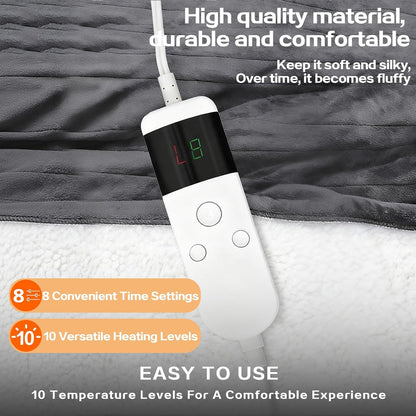 Electric Heated Blanket Throw Size 50''x60''-Control Heating Blanket, Soft & Warm Flannel 10-Level Temperature Control, 8 Hours Auto Off, Rapid Heating & Overheat Protection