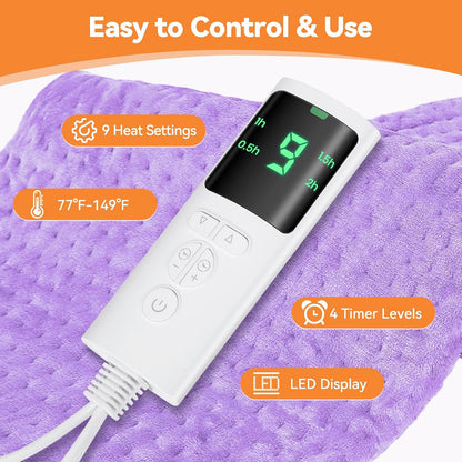Heating Pad for Back Pain, Electric Heat Pad with 9 Heat Levels & 4 Auto-Off Timers, Portable Heating Pad for Period Cramps, Shoulder, Neck, Machine Washable, Gifts for Women and Men, Grey, 24''×12''
