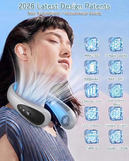 Neck Air Conditioner, Portable Neck Fan with Cooling Plate 360°Cooling Airflow, 5200mah Rechargeable USB Fan Hands Free Bladeless Wearable Foldable Mini Fan for Men Women Home Office Outdoor