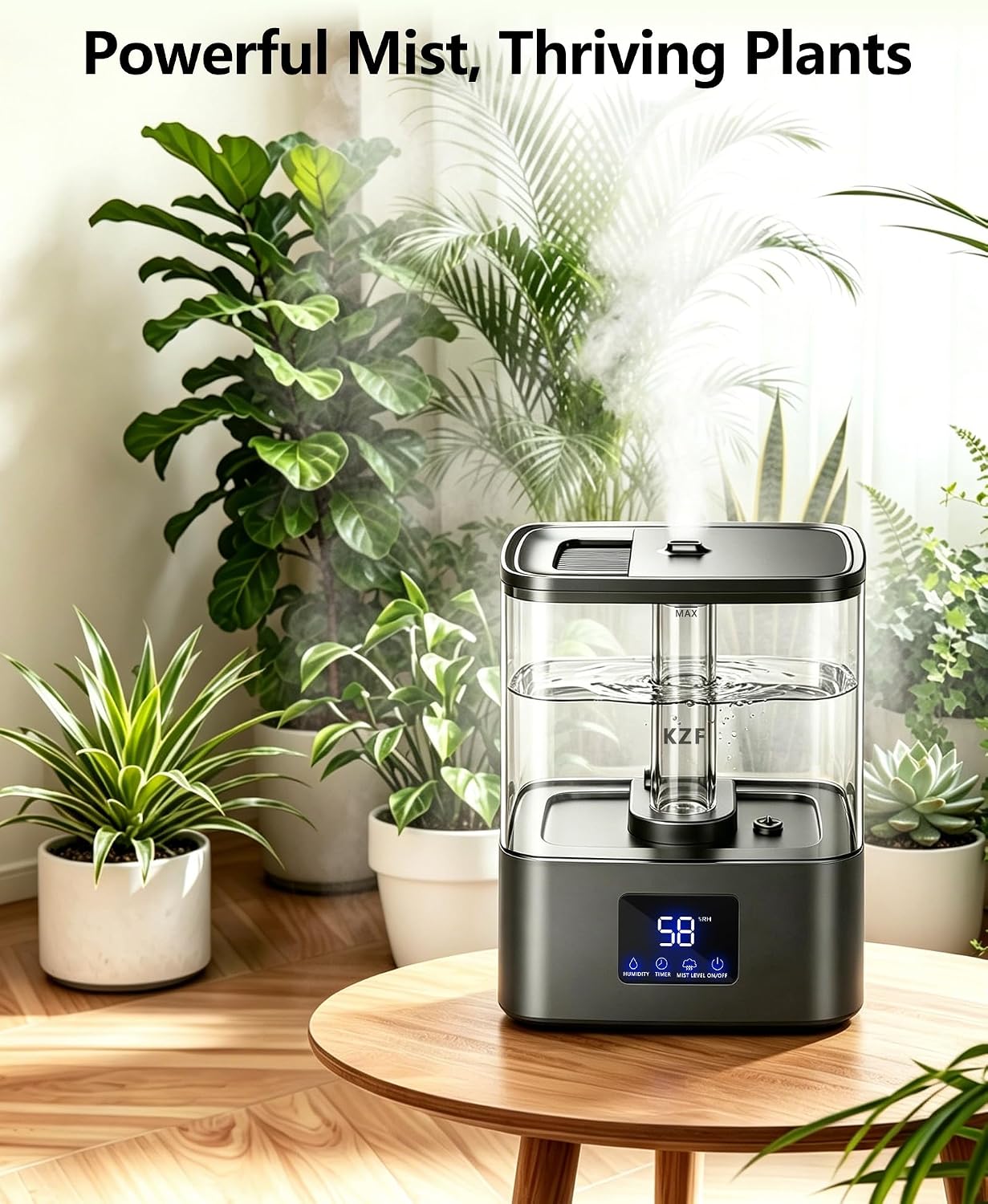 KZF 4L Top Fill Humidifiers for Bedroom & 40H Runtime - Cool Mist Humidifier, 3 Mist Levels, 8H Timer, Essential Oil Tray, Humidity Display, Quiet for Baby, Plants, Large Room (Black, 4, Liters)