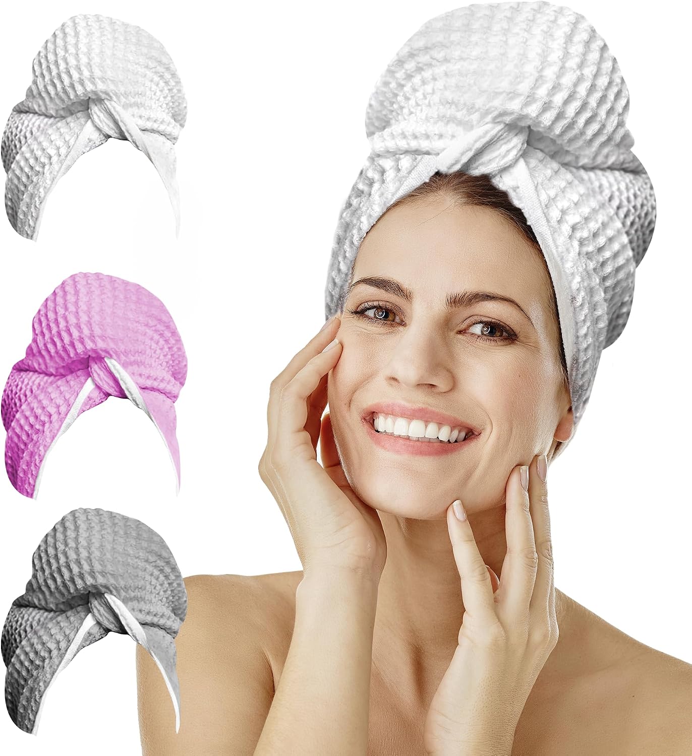 Microfiber Hair Wrap for Women - Extra Large 45 x 25 Quick-Dry Towel, Anti-Frizz, Breathable, Waffle Knit, Elastic Loop for Wet, Curly & Straight Styles - Grey - Microfiber Hair Towel