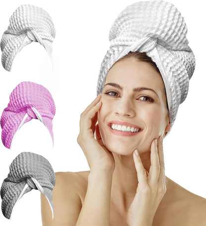 Microfiber Hair Wrap for Women - Extra Large 45 x 25 Quick-Dry Towel, Anti-Frizz, Breathable, Waffle Knit, Elastic Loop for Wet, Curly & Straight Styles - Grey - Microfiber Hair Towel