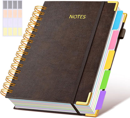 Hardcover Spiral Notebook journal with Removable Dividers Tabs, 300 Pages Leather 5 Subject Notebook College Ruled, 8"x10" Large B5 Notebooks for Work School Note taking, Lined Journal for Women,Black