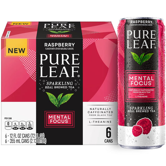 Pure Leaf Mental Focus Sparkling Real Brewed Iced Tea, Raspberry, 12 fl oz Cans, Caffeine, L Theanine, Zero Sugar, Zero Calories