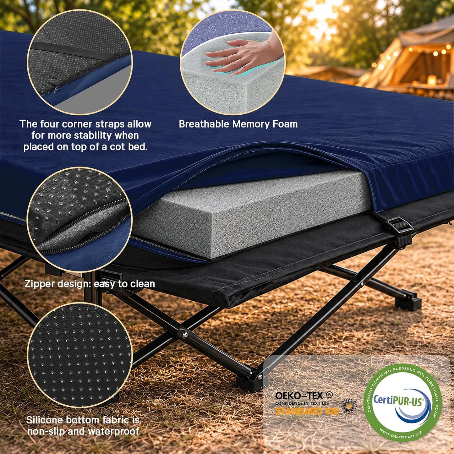 CYMULA Camping Cot Pad 2 Inch Memory Foam, Camping Pad for Folding Cot and Foldable Cot, Portable Roll Up Camp Gear for Car Camping Travel Tent, Non-Slip Waterproof Bottom, Removable Cover, Pad Only