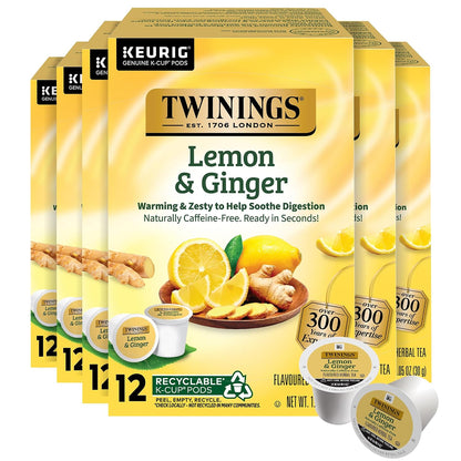 Twinings Lemon & Ginger Herbal Tea K-Cups for Keurig, 12 CT Box (6 Pack)