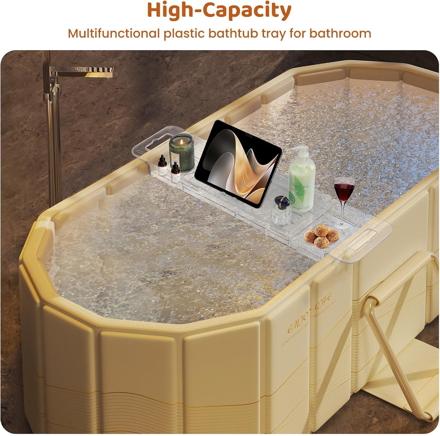 Expandable Bathtub Tray, Foldable Bath Tray for Tub, Acrylic Bath Table Trays Storage Rack, Bath Tub Tray for Bathtub & Bathroom Accessories (Transparent Bathtub Tray, 22"L x 7.8"W x 1.7"H)