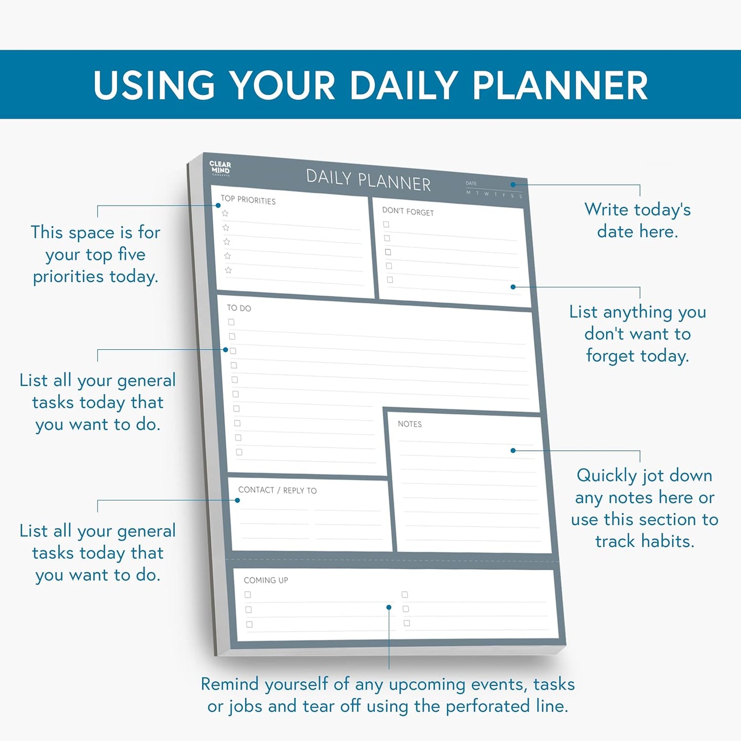 Daily Planner Desk Pad, Undated Tear Off To Do List Pad with Priorities and Notes, Thick 120gsm Paper, 100 Sheets, Small Desk Pad for Work Office, 5.6 x 8.3 Inches