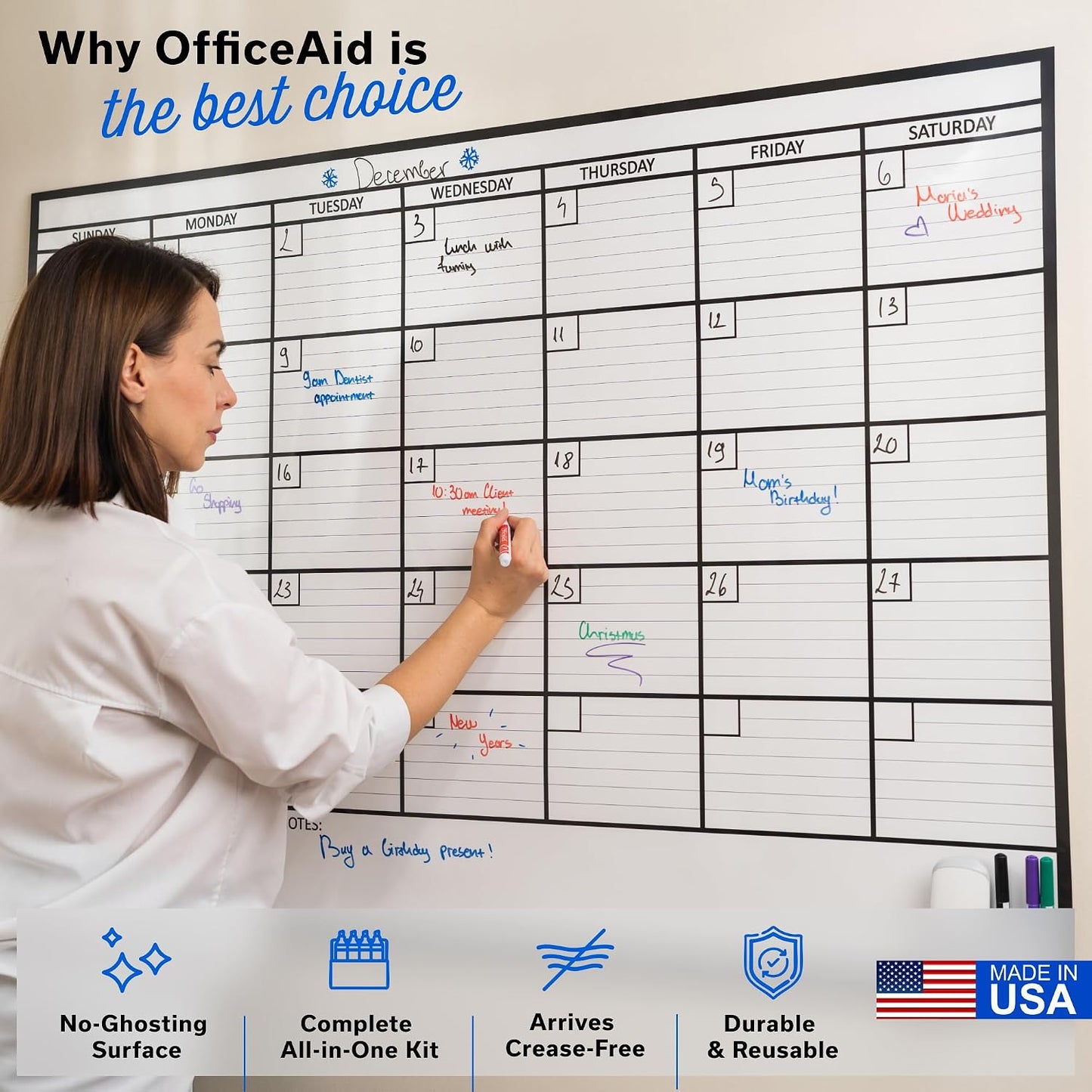 Large Dry Erase Calendar for Wall 36x48, Big Classroom Giant Month, Undated Reusable Family Monthly, Rolled Whiteboard White Board, Calendar Dry Erase Planner for Wall Erasable Large Office 48x36