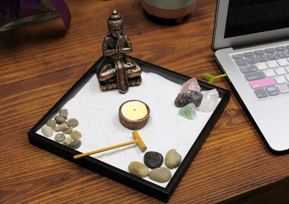 Nature's Mark Mini Zen Garden Kit for Desk with Rake, White Sand, Lotus Figure, 3 Sections Black Square Base, River Rocks and Black Rocks (9Lx9W C)