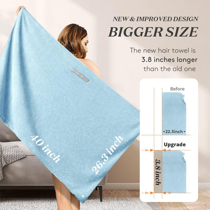 YFONG Large Hair Towel Wrap for Women, Super Absorbent Microfiber Hair Towel for Curly Hair, Fast Drying Hair Turbans with Elastic,Hair Drying Towel Wrap for Hair Care 26.3" X 40" (Blue)
