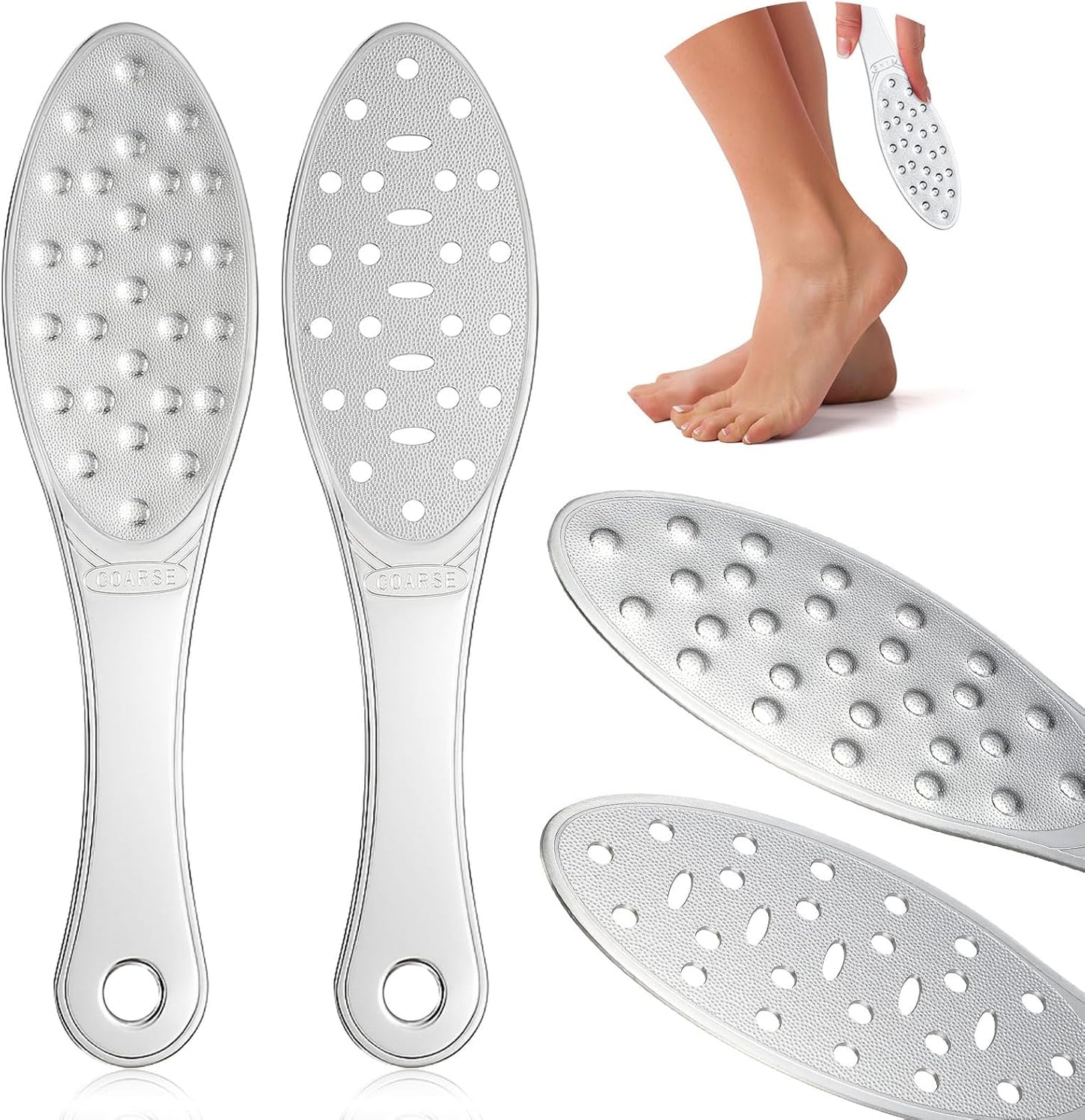 2 Pcs Stainless Steel Foot File Callus Remover Double Sided Metal Foot Scraper Rasp Scrubber for Wet or Dry Skin Professional Pedicure Tool for Hard Skin Cracked Heels Feet (Classic Style)