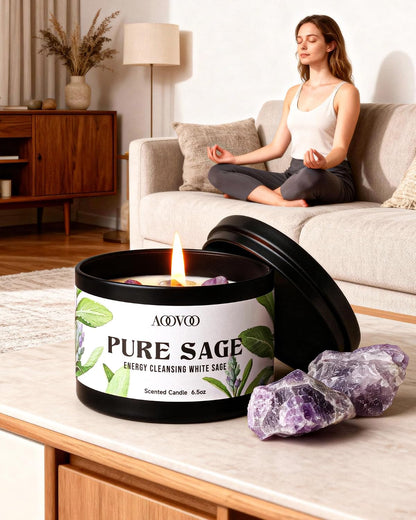 AOOVOO Sage Candle for Cleansing - 3 Wick 12oz Large Scented Candle with Crystals & Sage Leaves Inside, Soy Candles Non Toxic for Meditation Spiritual Gift, Aromatherapy Candle for Women Men