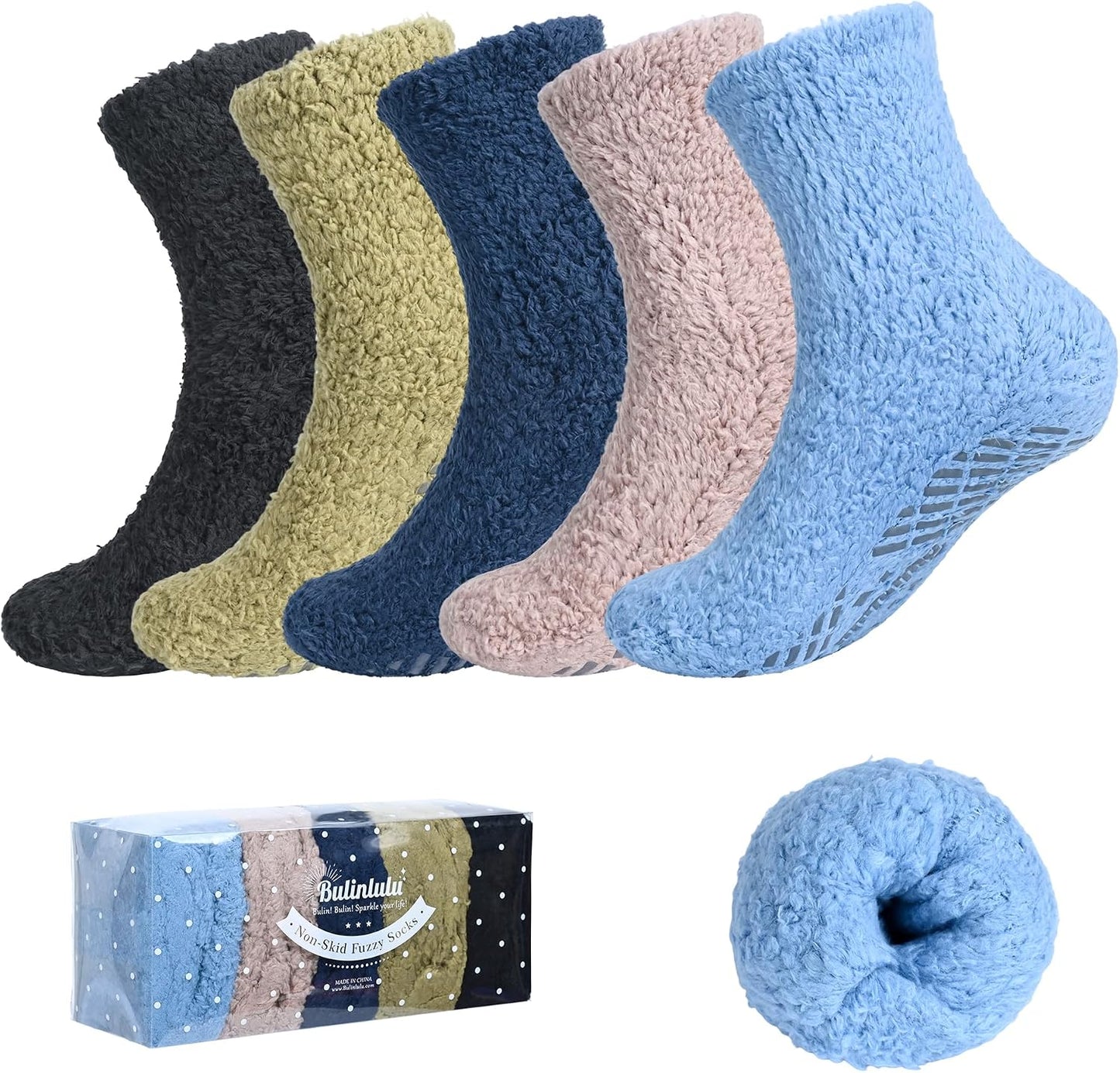 Bulinlulu Fuzzy Socks With Grips for Women, 5 Pairs Non Slip Sleep Warm Fluffy Slipper Socks Gifts for Women