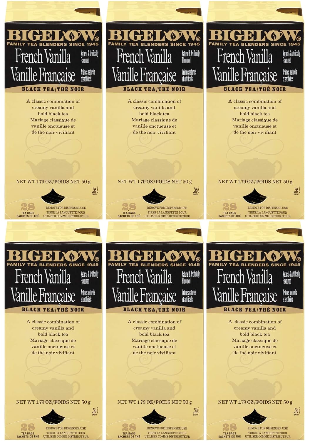 Bigelow French Vanilla Tea 28-Count Boxes (Pack of 6) Premium Black Tea Flavored with Vanilla Antioxidant-Rich Gluten-Free Full-Caffeine Tea in Foil-Wrapped Bags