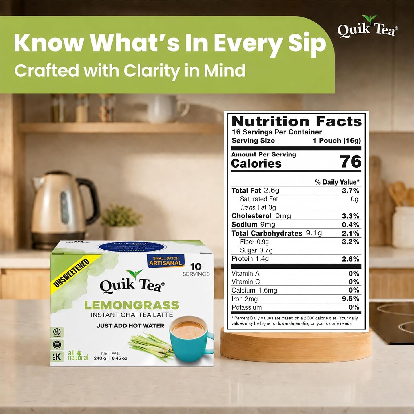 QuikTea Instant Lemongrass Chai Tea Latte Unsweetened, 10 Single-Serve Sachets, Artisanal Indian Chai Latte Mix, Just Add Hot Water, Low Caffeine, Non-GMO, Gluten Free.