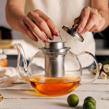 CNGLASS 900ml Glass Teapot with Removable Infuser,Clear Tea Kettle Stovetop Safe,Blooming and Loose Leaf Tea Maker