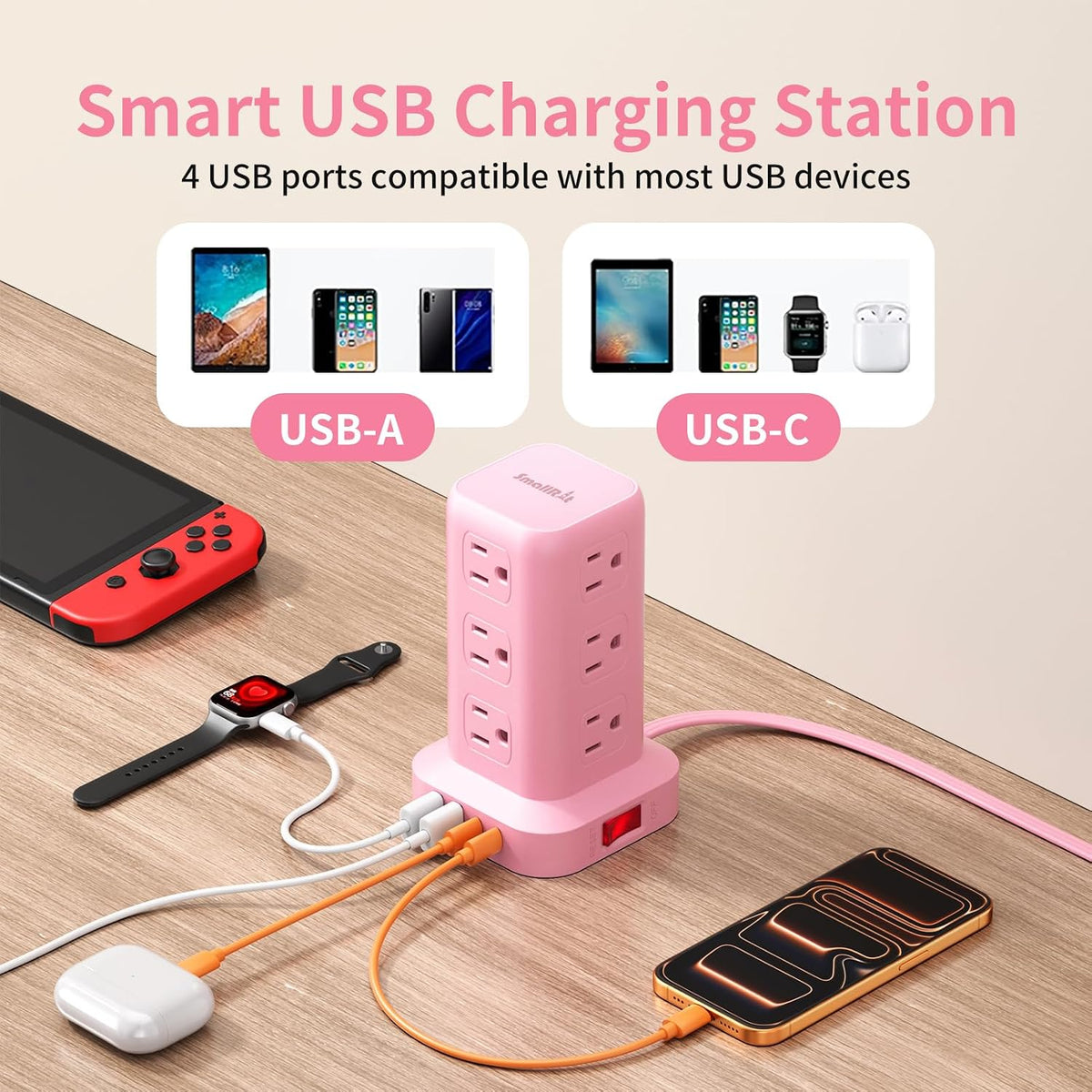 Extension Cord with Multiple Outlets, SMALLRT Power Strip Tower, Outlet Extender with 12 AC Outlets 4 USB, 6.5FT Extension Cord for Home Dorm Room, Office Supplies,Overload Protection